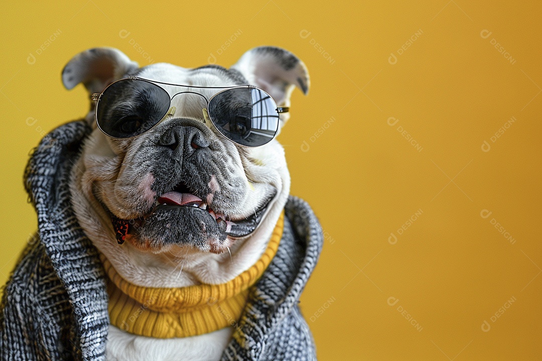 Bulldog vestindo roupas e óculos de sol em fundo amarelo