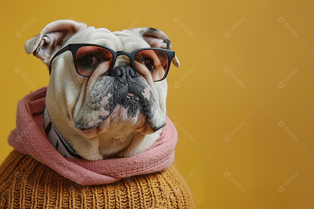 Bulldog Francês usando roupas e óculos escuros em fundo isolado