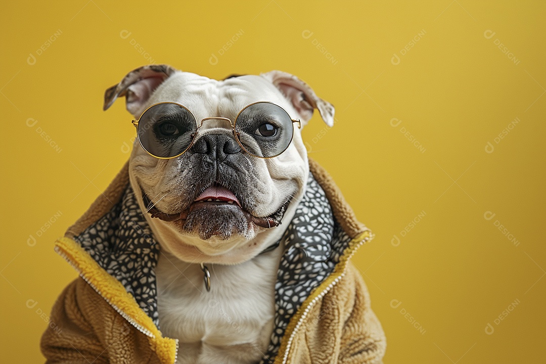 Bulldog Francês usando roupas e óculos escuros em fundo isolado
