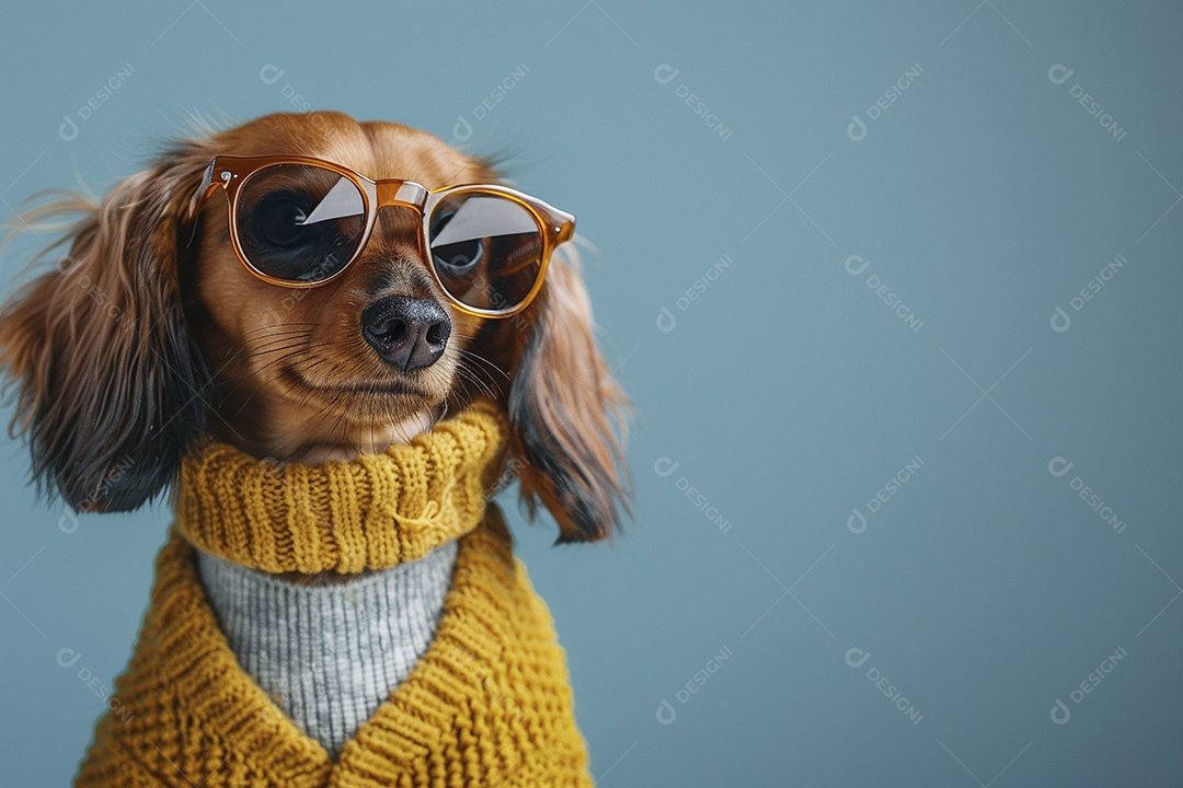 Dachshund vestindo roupas e óculos de sol em fundo isolado