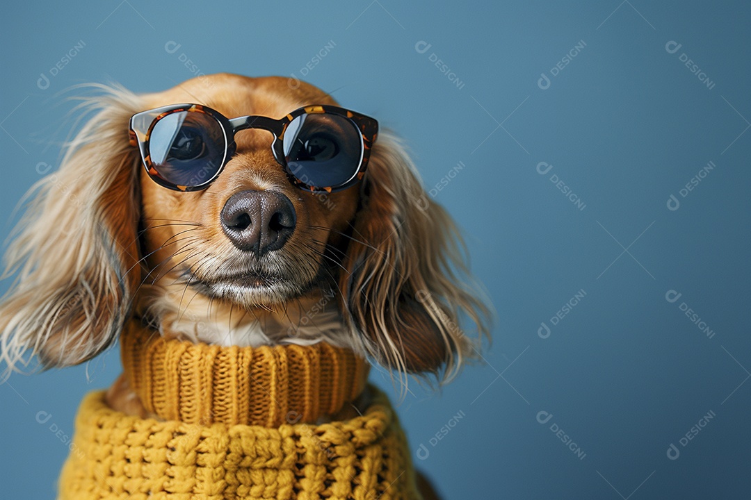 Dachshund vestindo roupas e óculos de sol em fundo isolado