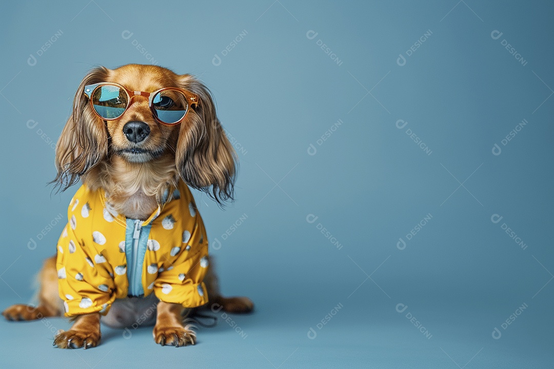 Dachshund vestindo roupas e óculos de sol em fundo isolado