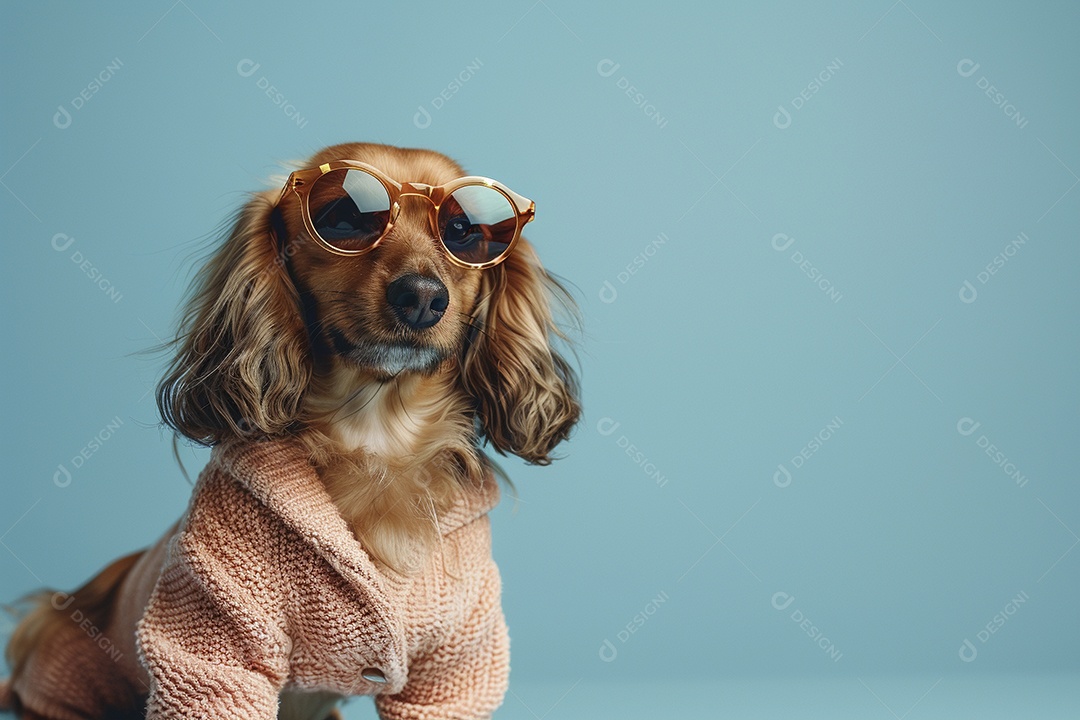 Dachshund vestindo roupas e óculos de sol em fundo isolado