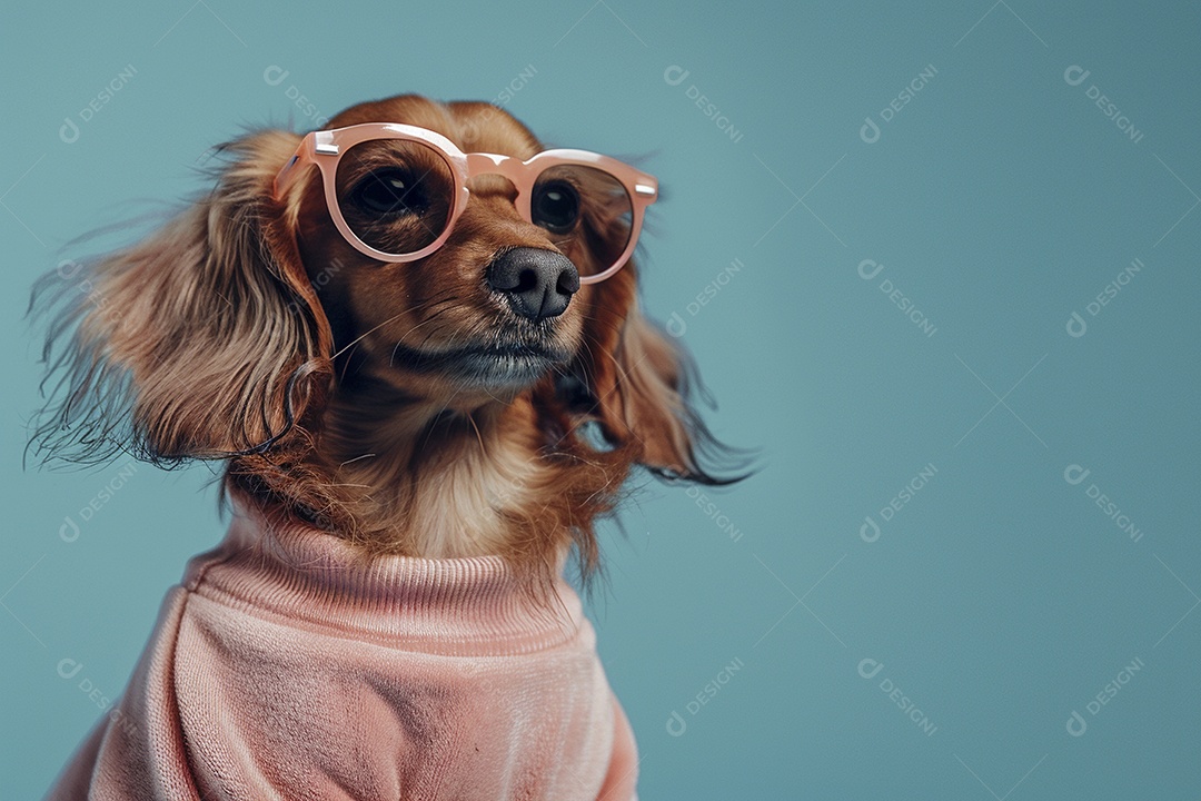 Dachshund vestindo roupas e óculos de sol em fundo isolado