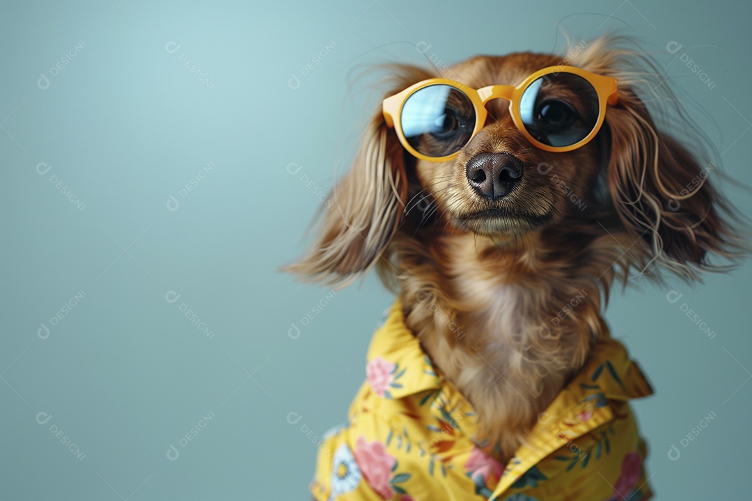Dachshund vestindo roupas e óculos de sol em fundo isolado