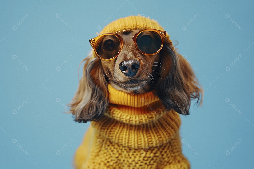 Dachshund vestindo roupas e óculos de sol em fundo isolado