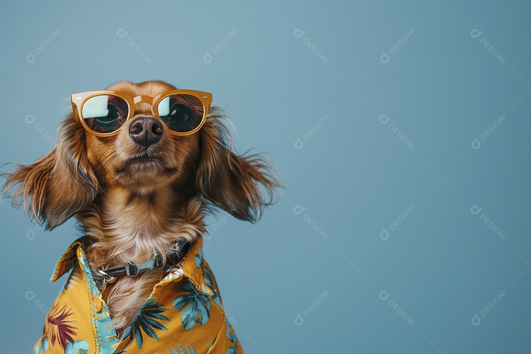 Dachshund vestindo roupas e óculos de sol em fundo isolado