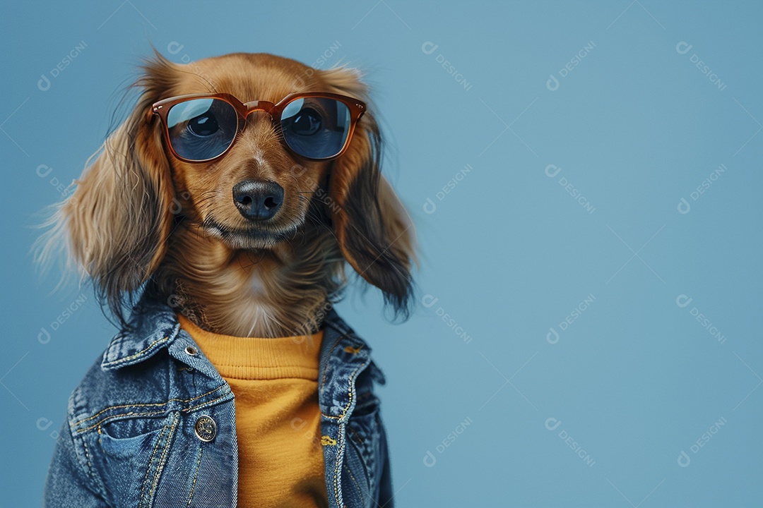 Dachshund vestindo roupas e óculos de sol em fundo isolado