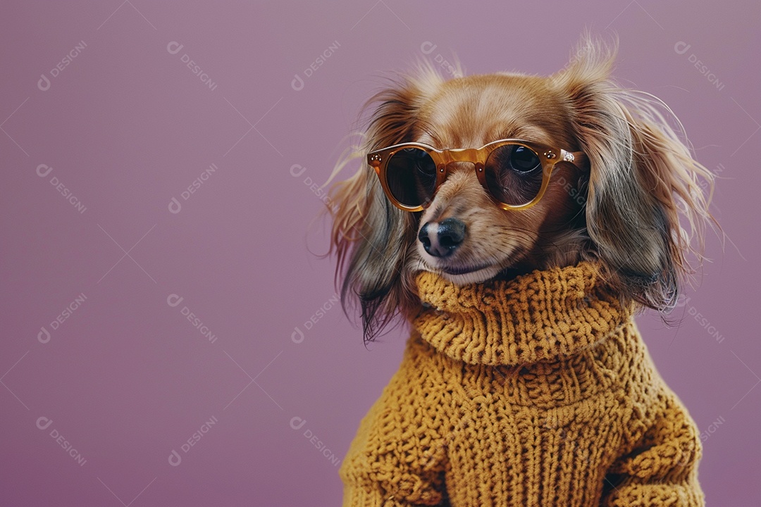 Dachshund vestindo roupas e óculos de sol em fundo isolado