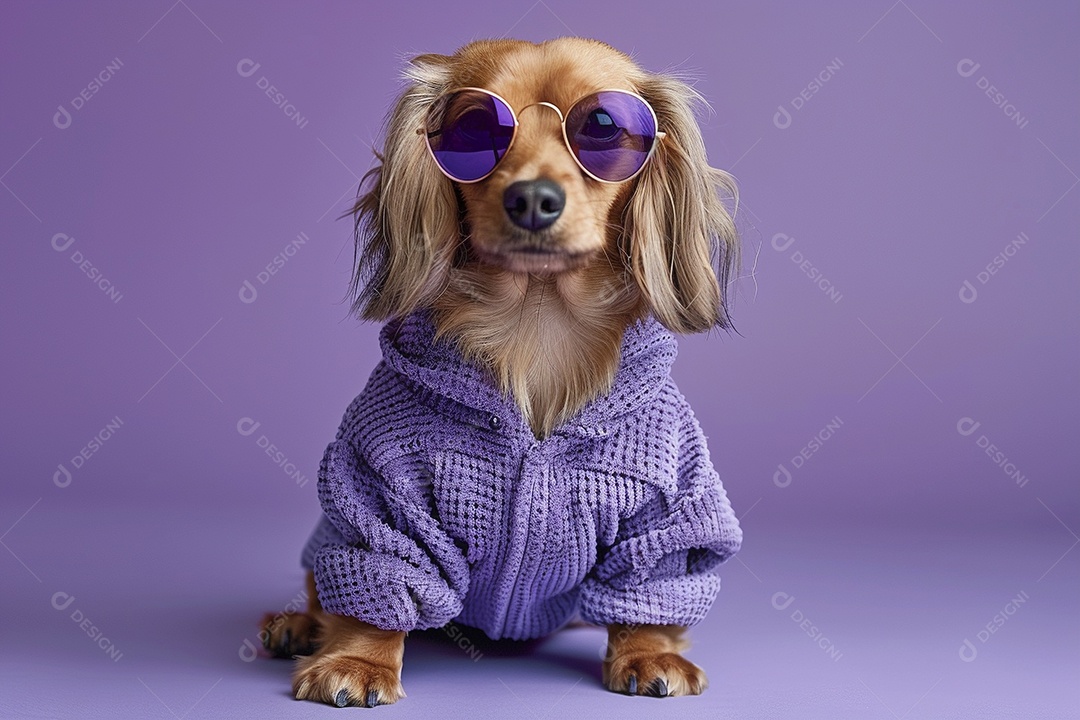 Dachshund vestindo roupas e óculos de sol em fundo isolado