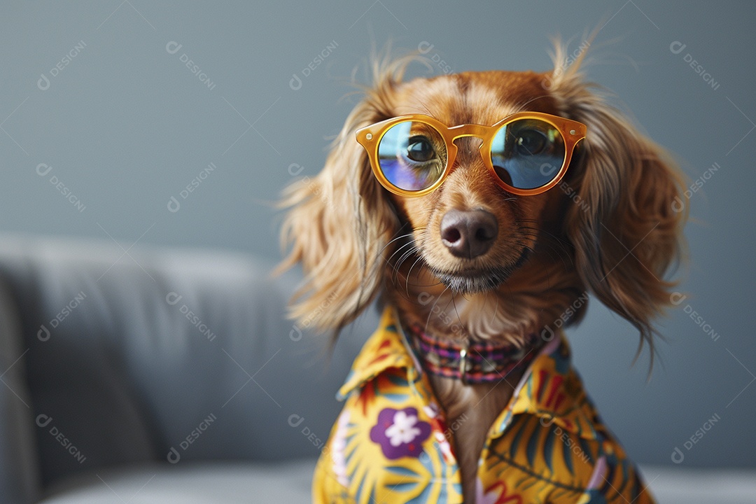 Dachshund vestindo roupas e óculos de sol em fundo isolado