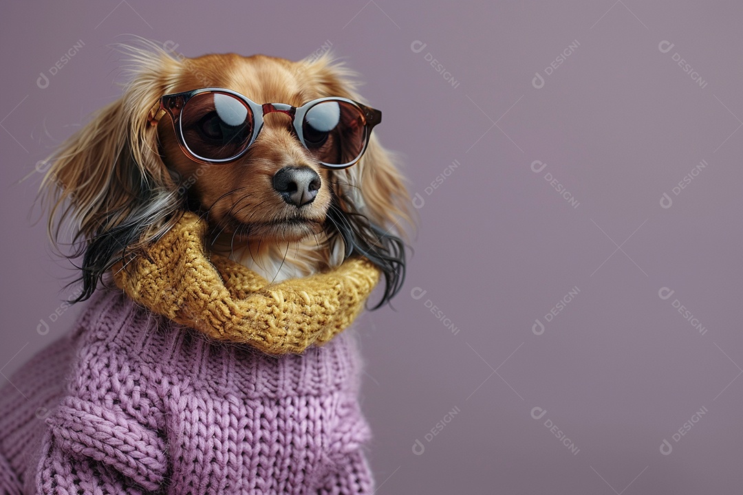 Dachshund vestindo roupas e óculos de sol em fundo isolado