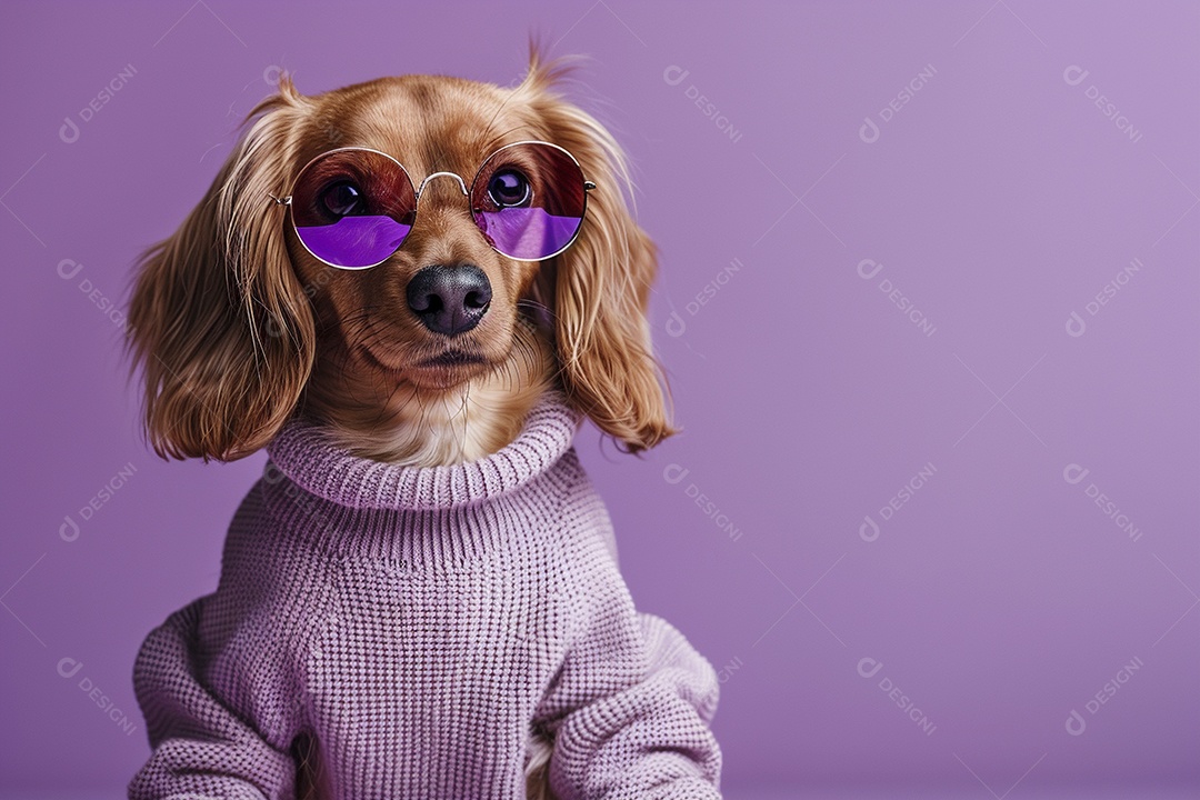 Dachshund vestindo roupas e óculos de sol em fundo isolado