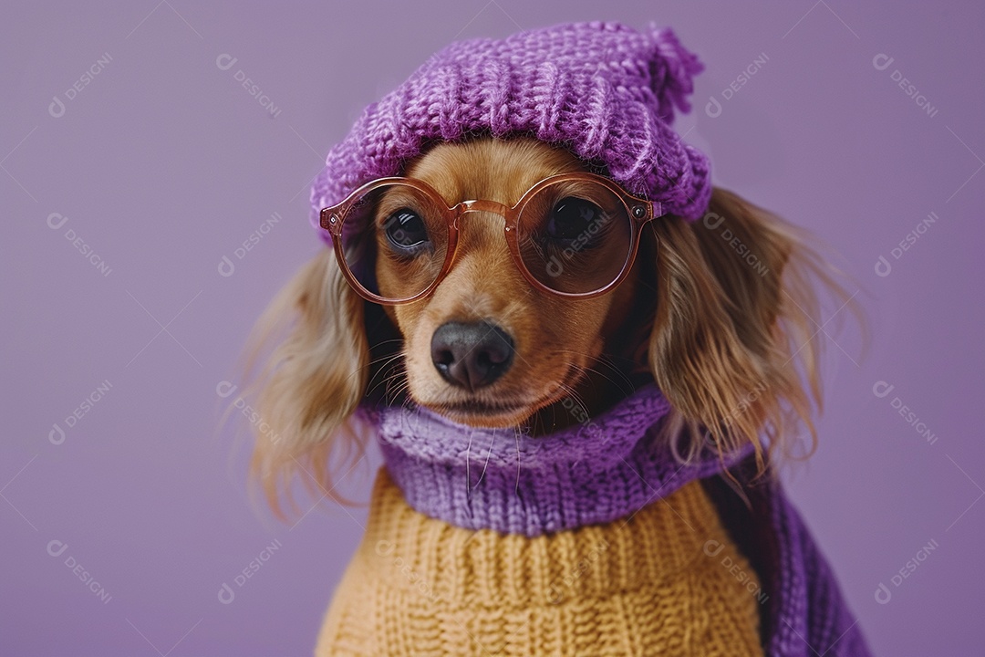 Dachshund vestindo roupas e óculos de sol em fundo isolado