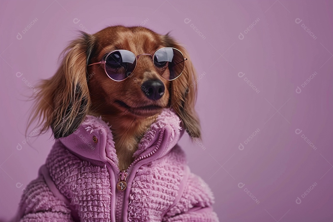 Dachshund vestindo roupas e óculos de sol em fundo isolado