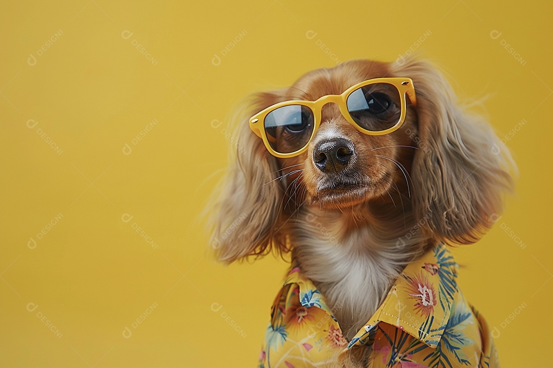 Dachshund vestindo roupas e óculos de sol em fundo isolado