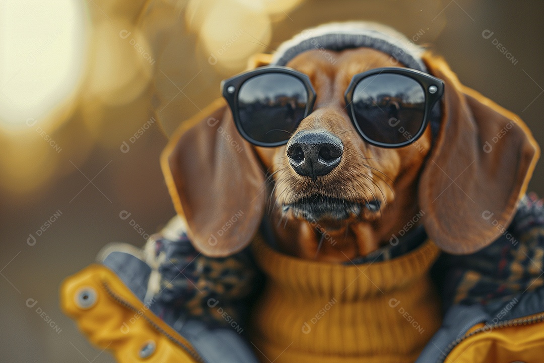 Dachshund vestindo roupas e óculos de sol em fundo isolado