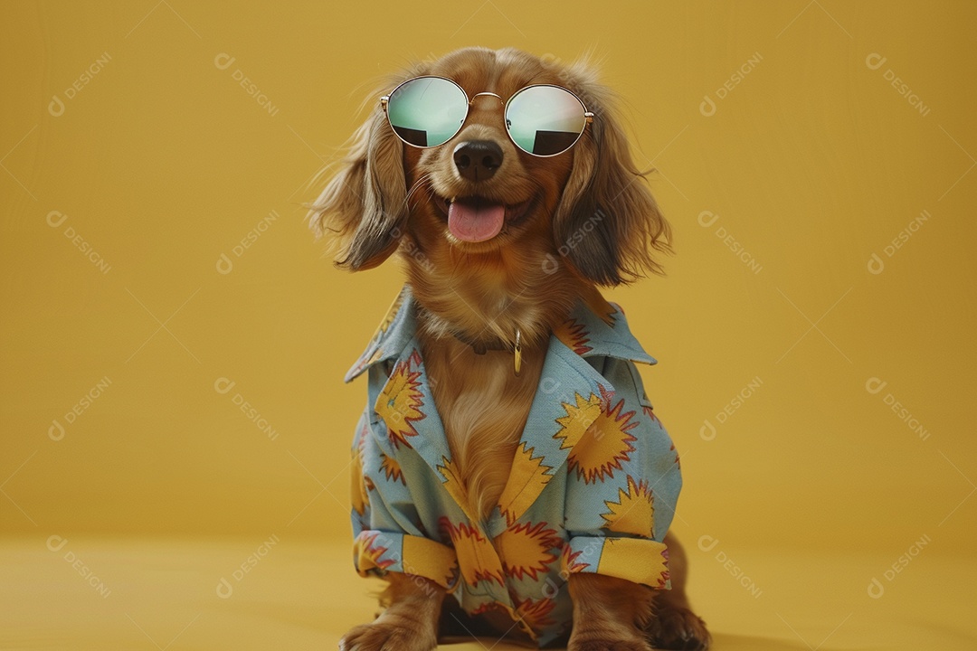 Dachshund vestindo roupas e óculos de sol em fundo isolado