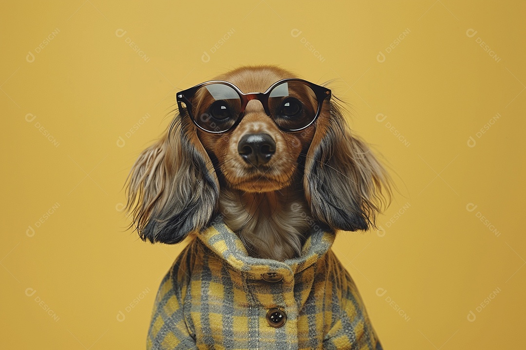Dachshund vestindo roupas e óculos de sol em fundo isolado