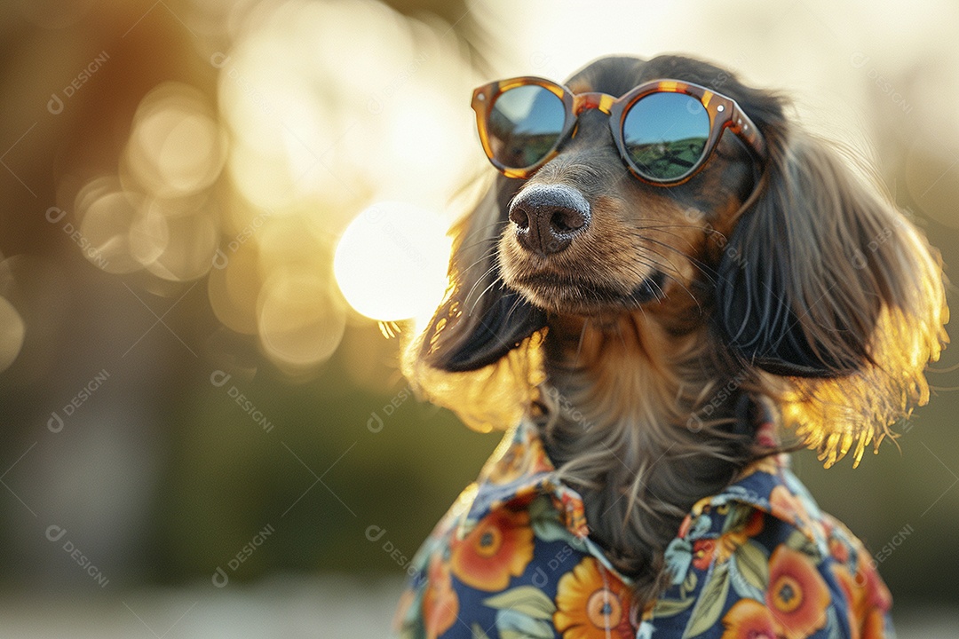 Dachshund vestindo roupas e óculos de sol em fundo isolado