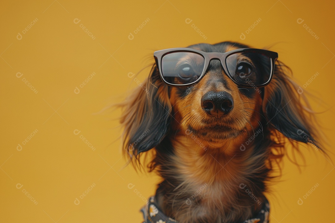 Dachshund vestindo roupas e óculos de sol em fundo isolado
