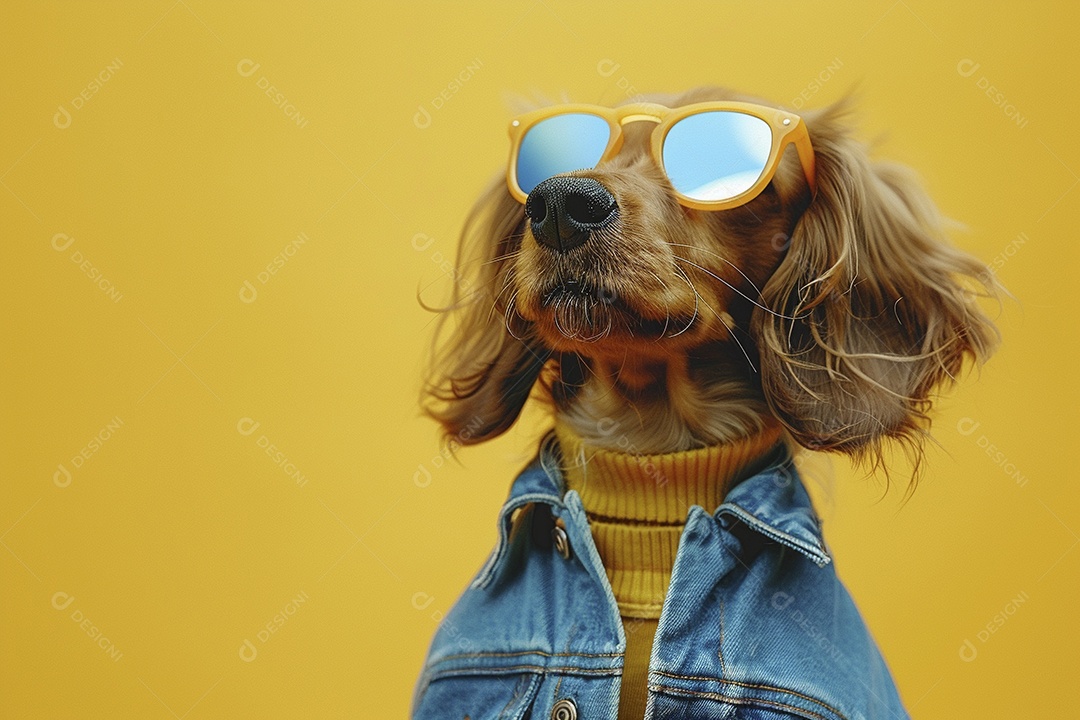 Dachshund vestindo roupas e óculos de sol em fundo isolado