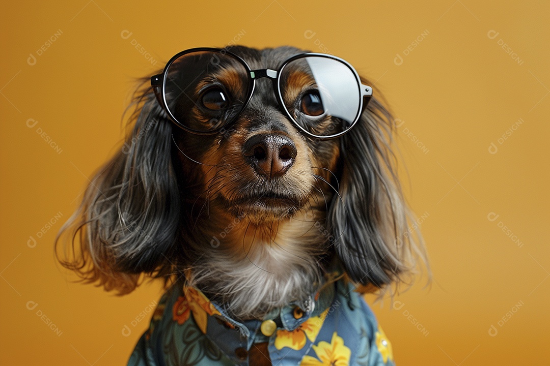 Dachshund vestindo roupas e óculos de sol em fundo isolado