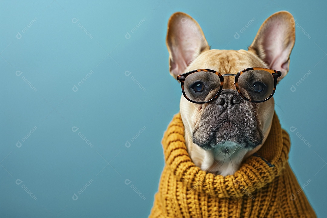 Bulldog Francês vestindo roupas e óculos de sol em fundo isolado