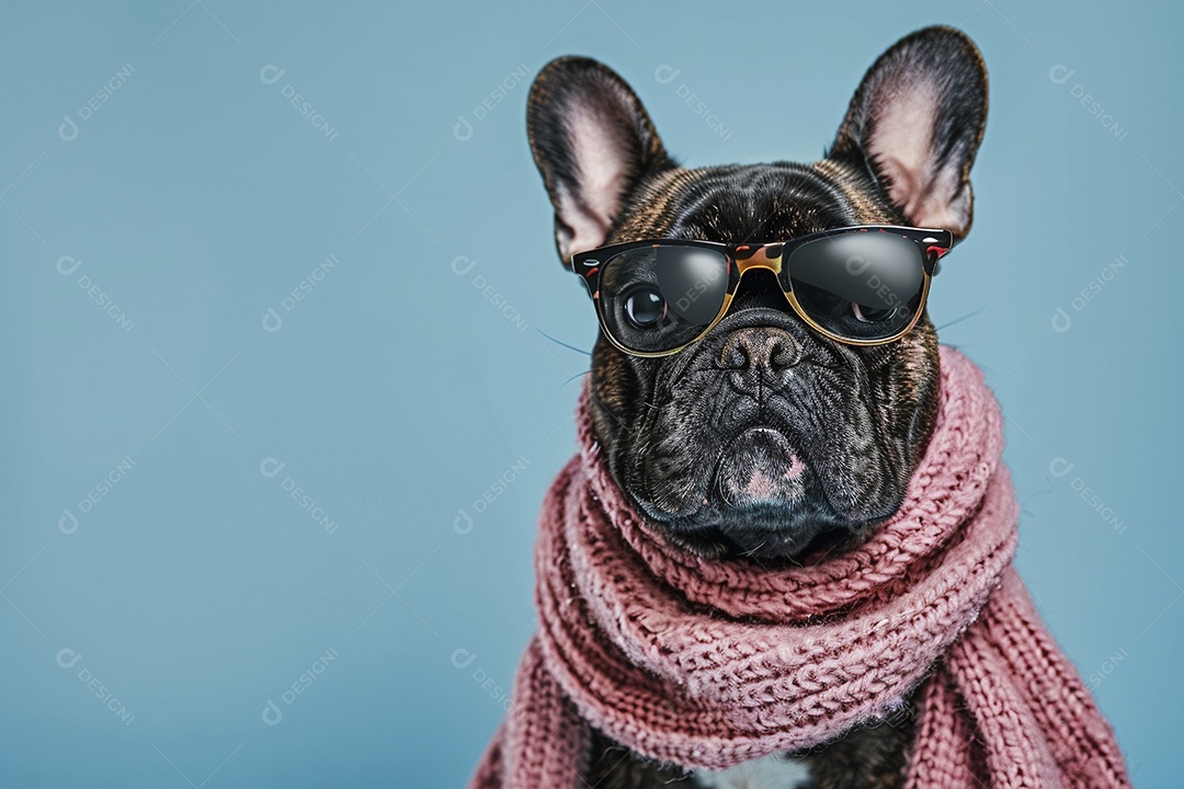 Bulldog Francês vestindo roupas e óculos de sol em fundo isolado