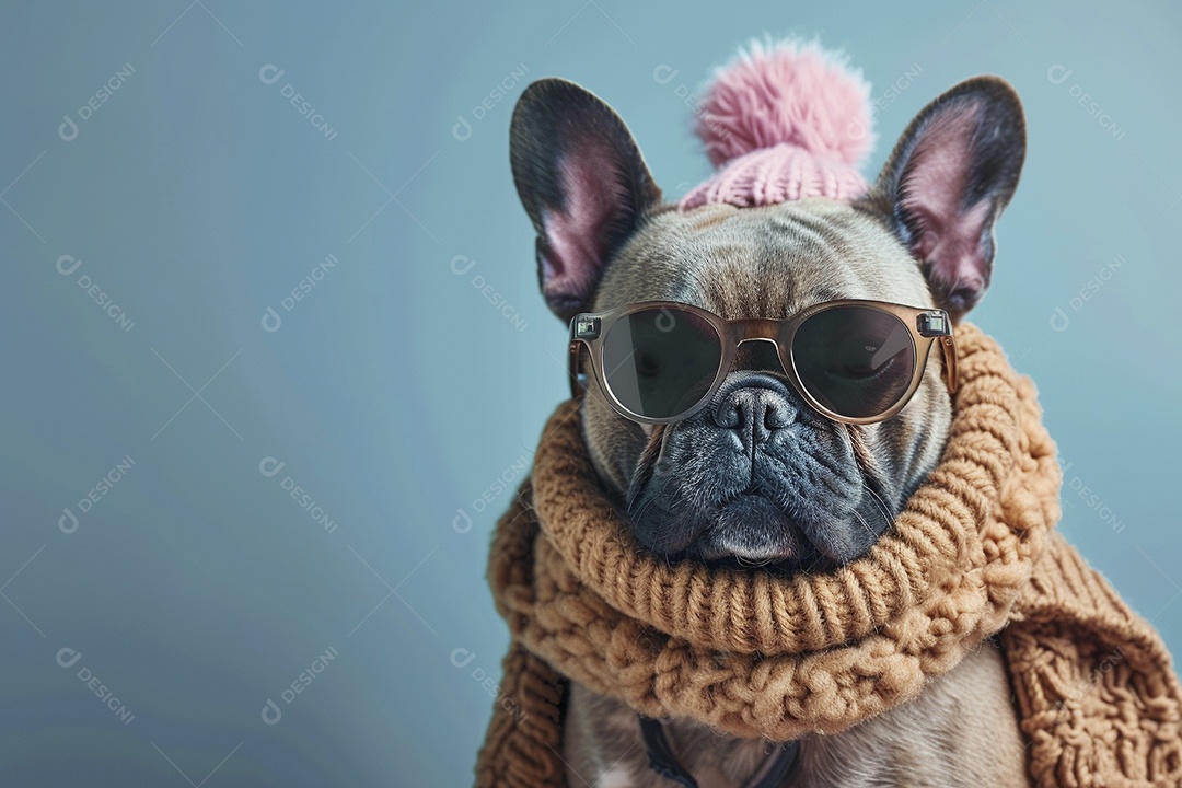 Bulldog Francês vestindo roupas e óculos de sol em fundo isolado