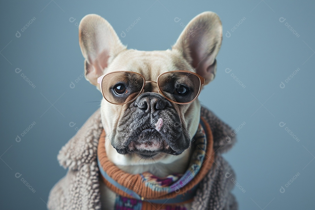 Bulldog Francês vestindo roupas e óculos de sol em fundo isolado