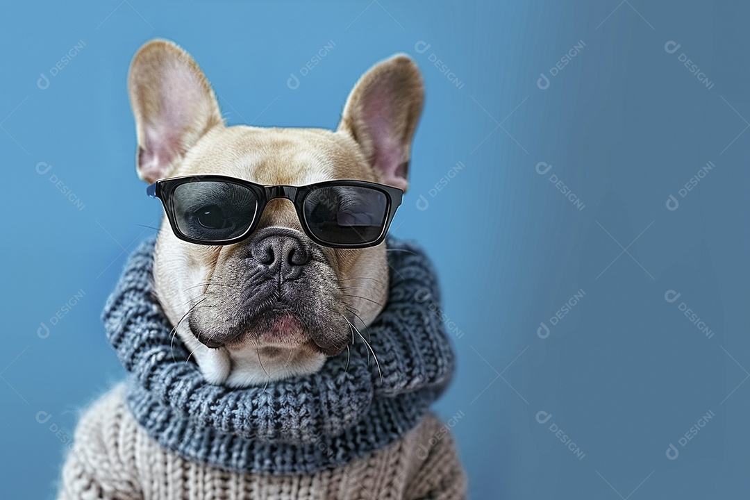 Bulldog Francês vestindo roupas e óculos de sol em fundo isolado