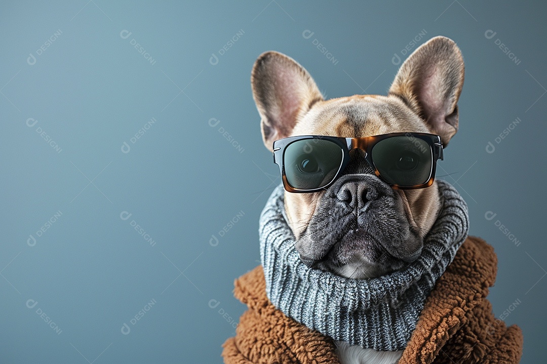 Bulldog Francês vestindo roupas e óculos de sol em fundo isolado