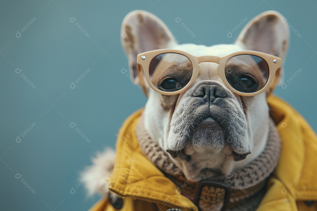 Bulldog Francês vestindo roupas e óculos de sol em fundo isolado