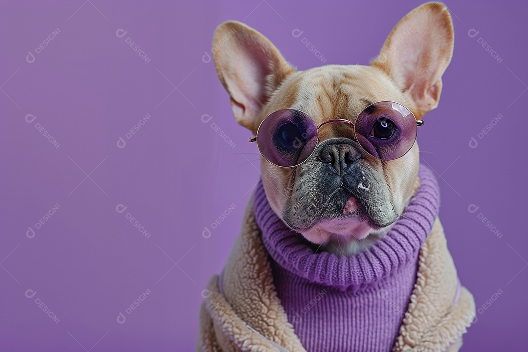 Bulldog Francês usando roupas e óculos escuros em fundo isolado