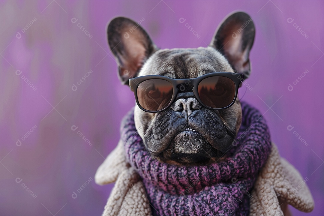 Bulldog Francês usando roupas e óculos escuros em fundo isolado