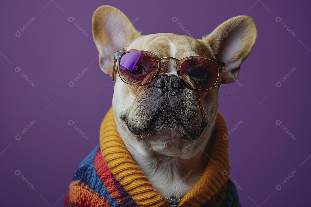 Bulldog Francês usando roupas e óculos escuros em fundo isolado