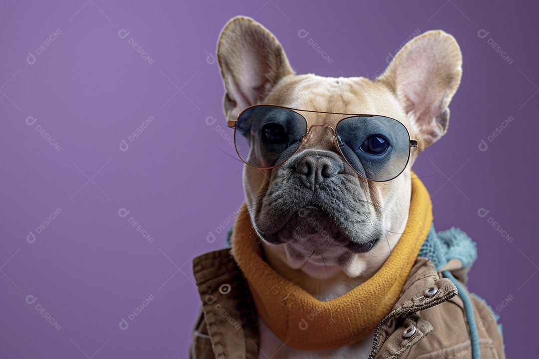 Bulldog Francês vestindo roupas e óculos de sol em fundo isolado