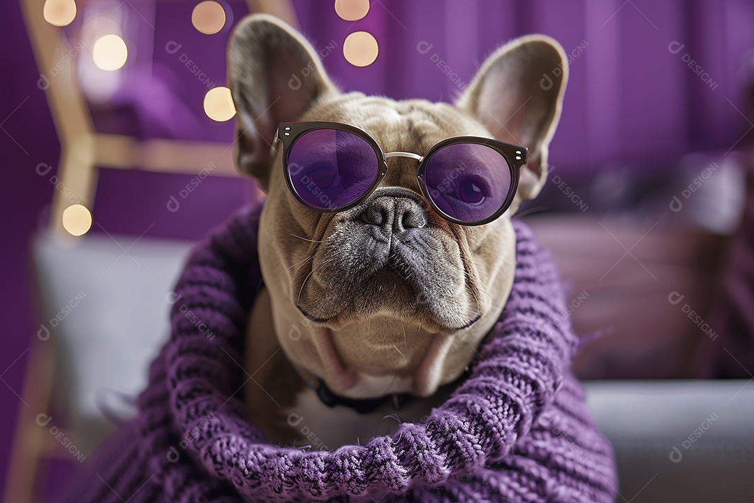Bulldog Francês vestindo roupas e óculos de sol em fundo isolado