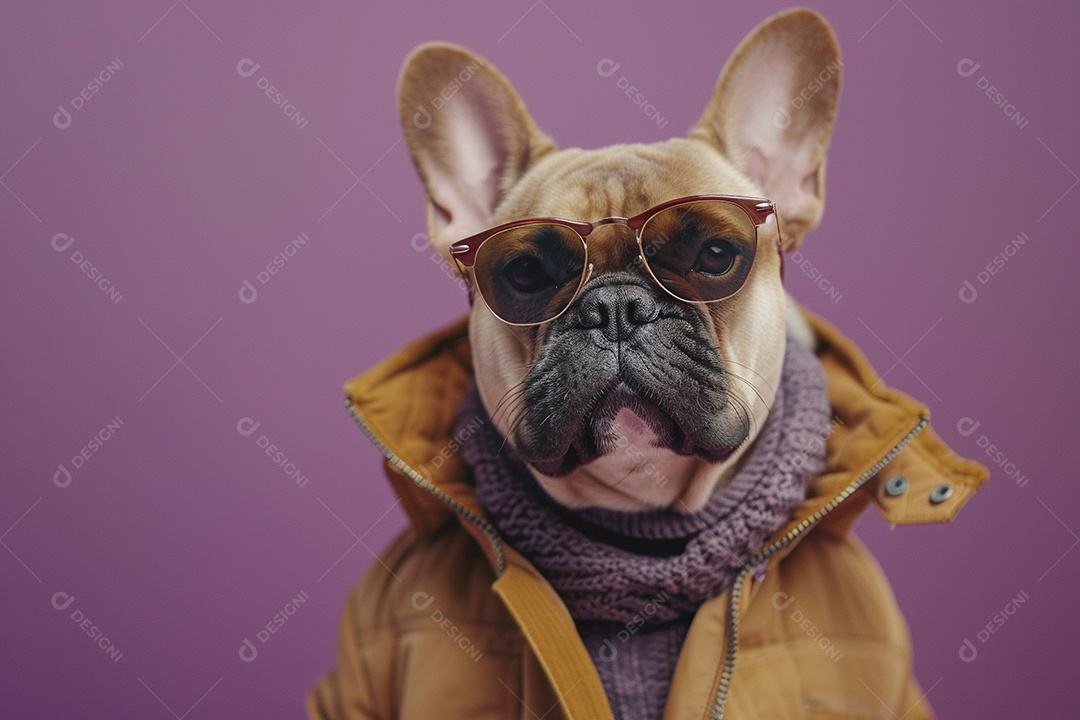 Bulldog Francês vestindo roupas e óculos de sol em fundo isolado