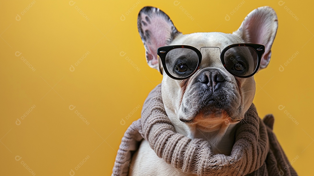 Bulldog Francês vestindo roupas e óculos de sol em fundo isolado