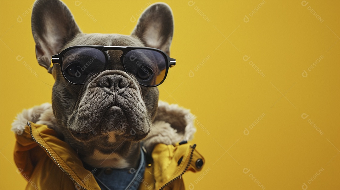 Bulldog Francês vestindo roupas e óculos de sol em fundo isolado