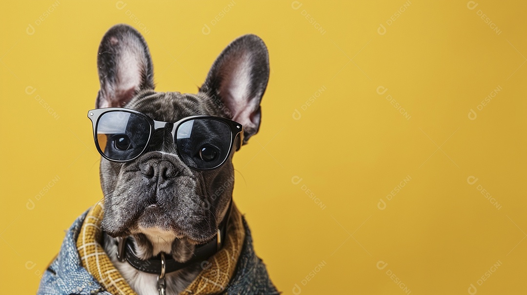 Bulldog Francês vestindo roupas e óculos de sol em fundo isolado
