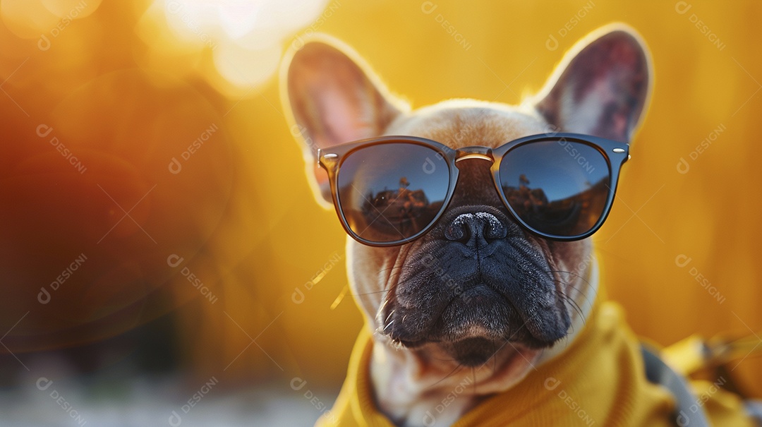 Bulldog Francês vestindo roupas e óculos de sol em fundo isolado