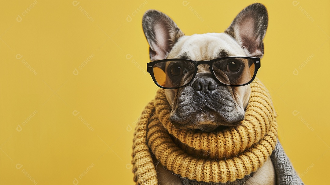 Bulldog Francês vestindo roupas e óculos de sol em fundo isolado