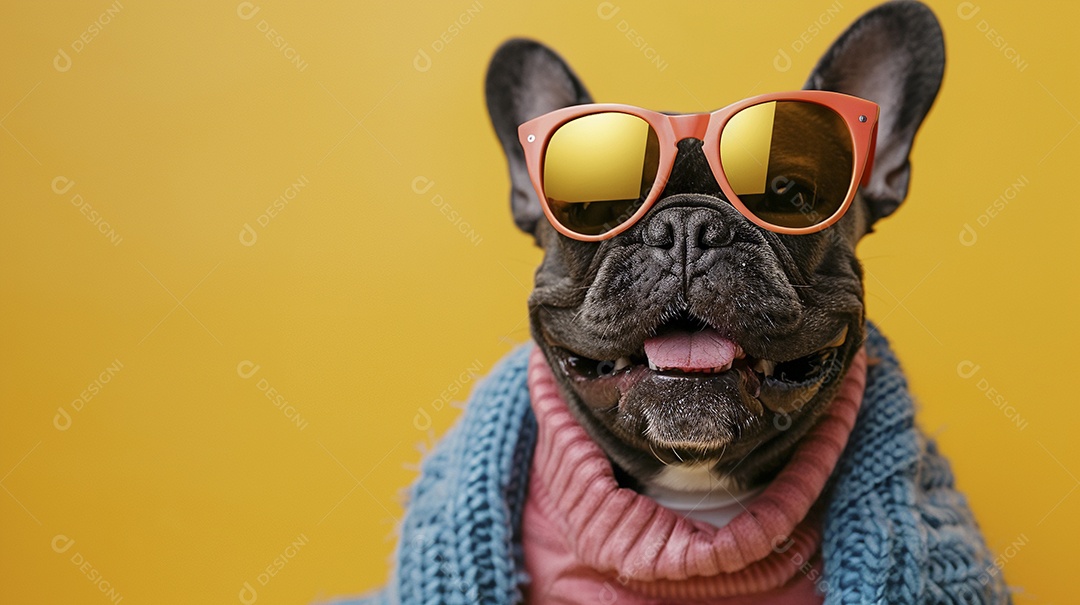 Bulldog Francês vestindo roupas e óculos de sol em fundo isolado
