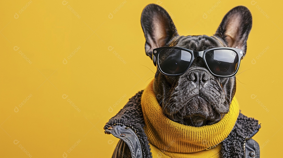 Bulldog Francês vestindo roupas e óculos de sol em fundo isolado