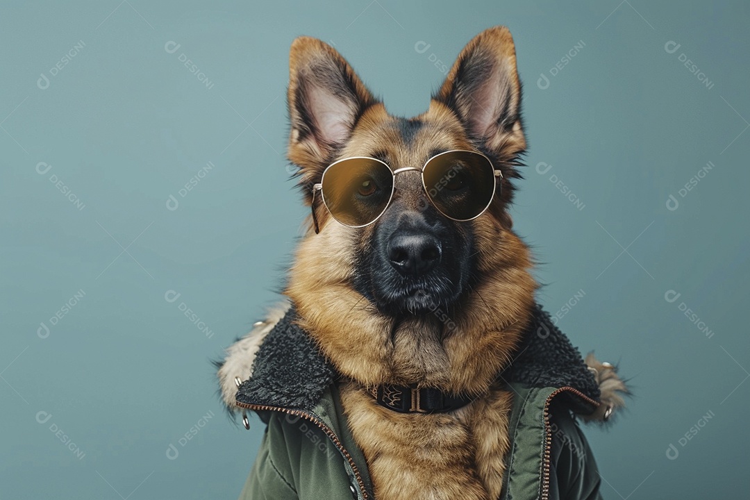 Cão pastor alemão vestindo roupas e óculos de sol em fundo isolado