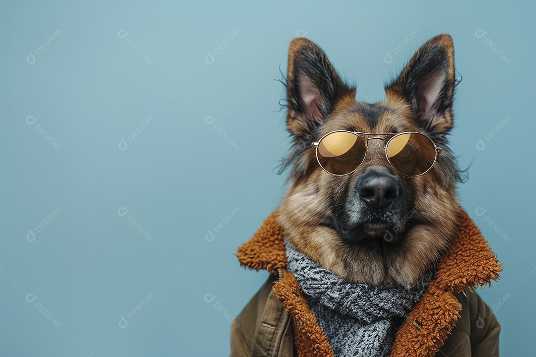 Cão pastor alemão vestindo roupas e óculos de sol em fundo isolado