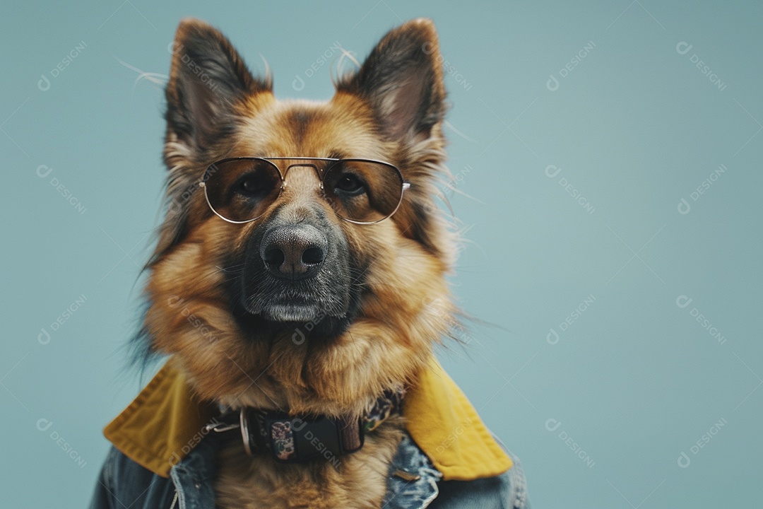 Cão pastor alemão vestindo roupas e óculos de sol em fundo isolado